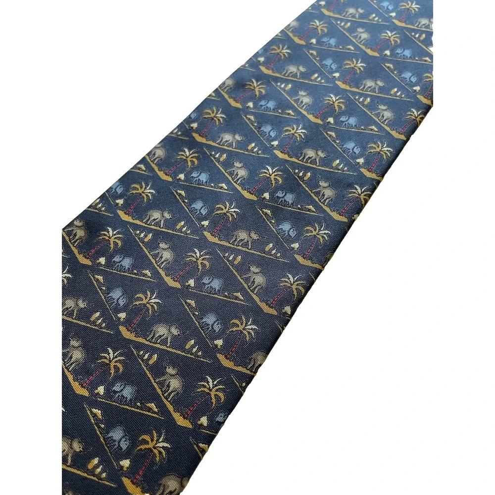 Jim Thompson Silk‎ Mens Tie Elephants Palm Trees Blue Thailand 3.5